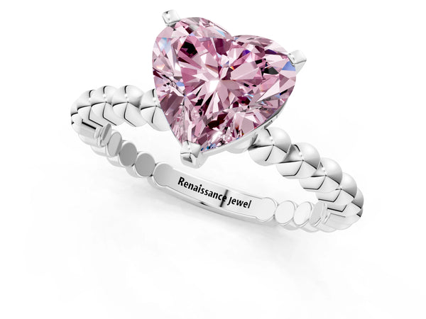 Platinum Fancy Pink Heart Cut Diamond Solitaire Ring with Beaded Band and Prong Setting