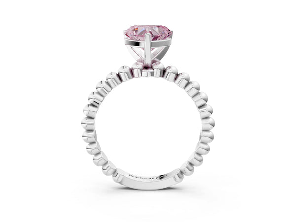 Platinum Fancy Pink Heart Cut Diamond Solitaire Ring with Beaded Band and Prong Setting