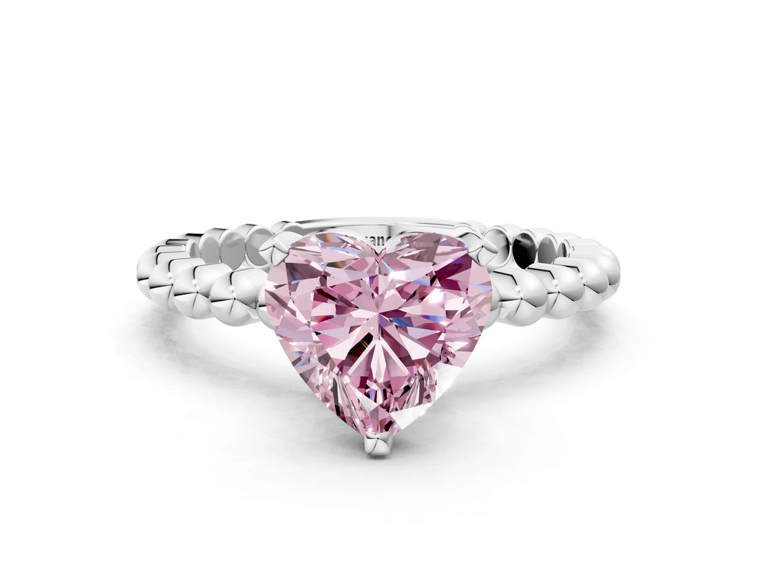 White gold Fancy Pink Heart Cut Diamond Solitaire Ring with Beaded Band and Prong Setting_378