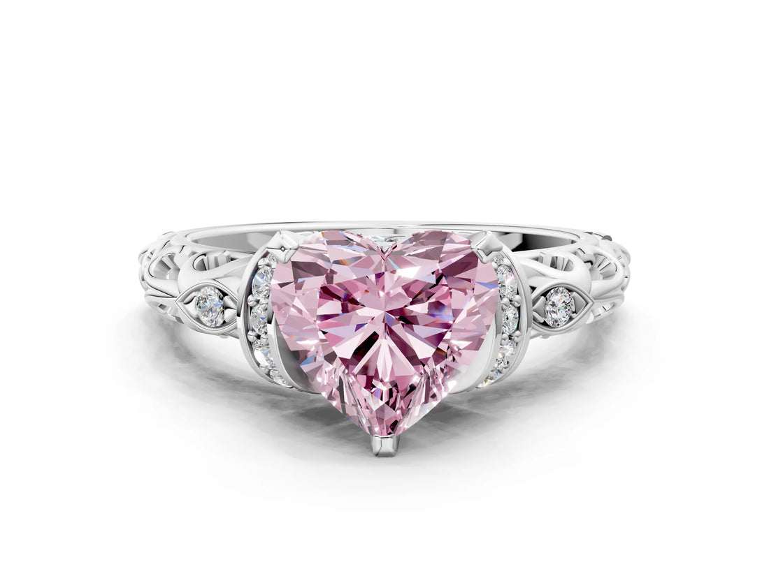 White gold Fancy Pink Heart Cut Diamond Solitaire Ring with Filigree Band and Four-Prong Setting_47