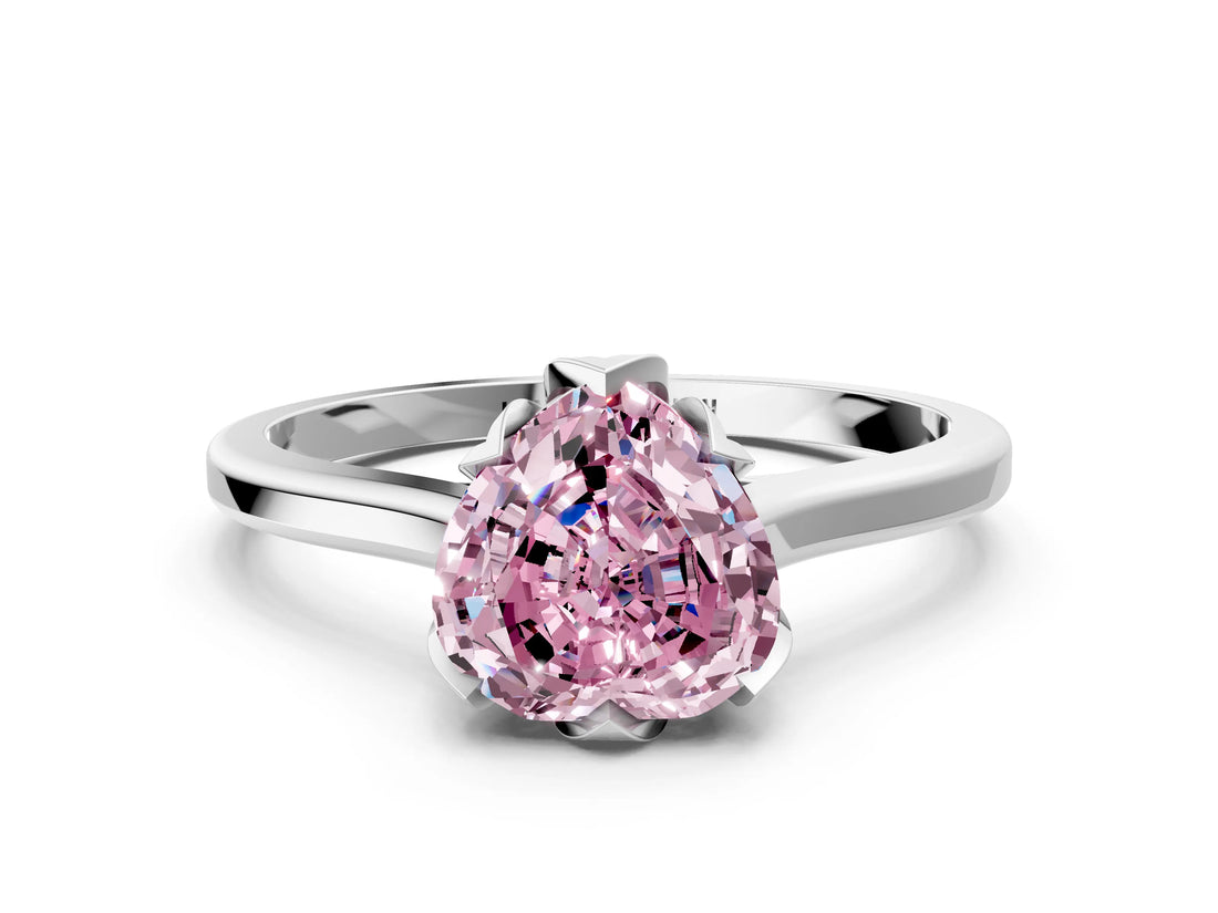 White gold Fancy Pink Heart Cut Diamond Solitaire Ring with Flower Prong Setting and Classic Band_128