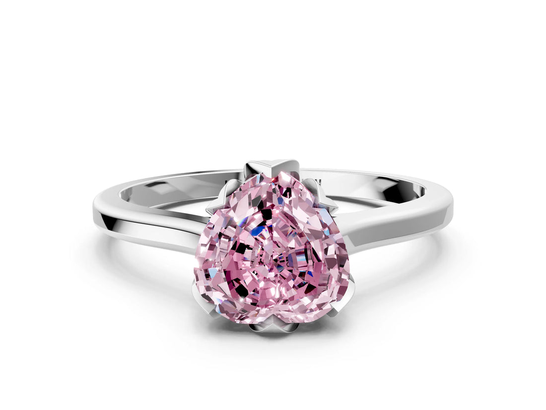 White gold Fancy Pink Heart Cut Diamond Solitaire Ring with Flower Prong Setting and Classic Band_17