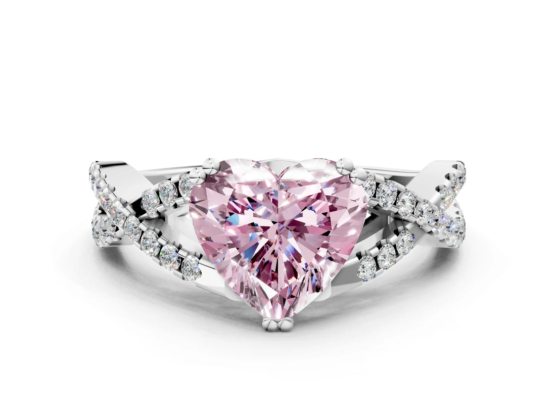White gold Fancy Pink Heart Cut Diamond Solitaire Ring with Four-Prong Setting and Twisted Pavé Band_75