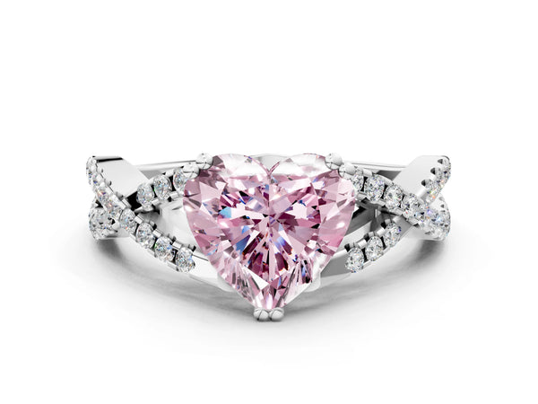 White gold Fancy Pink Heart Cut Diamond Solitaire Ring with Four-Prong Setting and Twisted Pavé Band