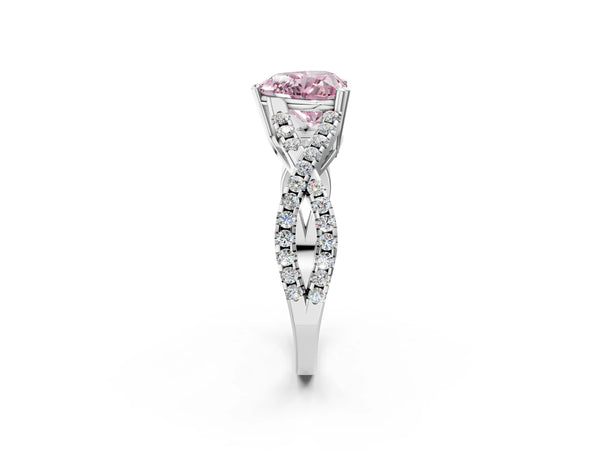 White gold Fancy Pink Heart Cut Diamond Solitaire Ring with Four-Prong Setting and Twisted Pavé Band