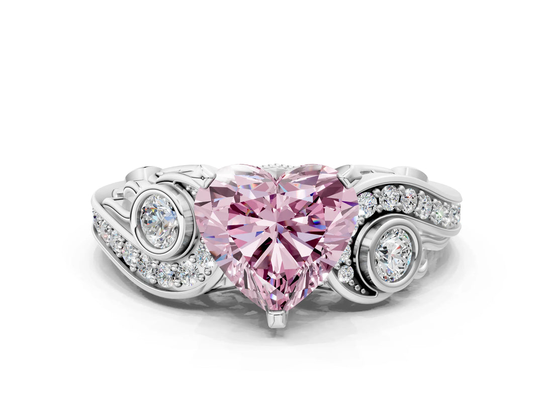 White gold Fancy Pink Heart Cut Diamond Solitaire Ring with Milgrain Pavé Band and Four-Prong Setting_226
