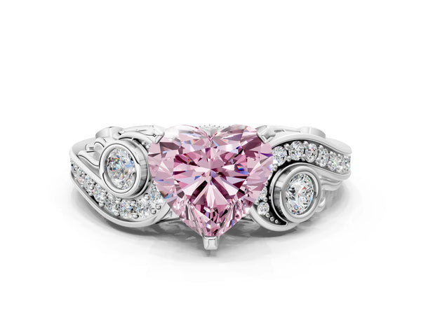 White gold Fancy Pink Heart Cut Diamond Solitaire Ring with Milgrain Pavé Band and Four-Prong Setting