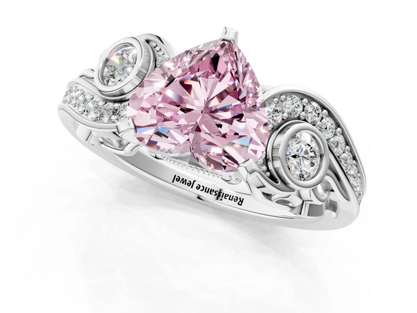 White gold Fancy Pink Heart Cut Diamond Solitaire Ring with Milgrain Pavé Band and Four-Prong Setting