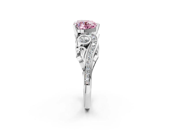 White gold Fancy Pink Heart Cut Diamond Solitaire Ring with Milgrain Pavé Band and Four-Prong Setting