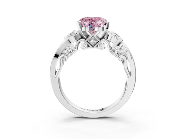 White gold Fancy Pink Heart Cut Diamond Solitaire Ring with Milgrain Pavé Band and Four-Prong Setting
