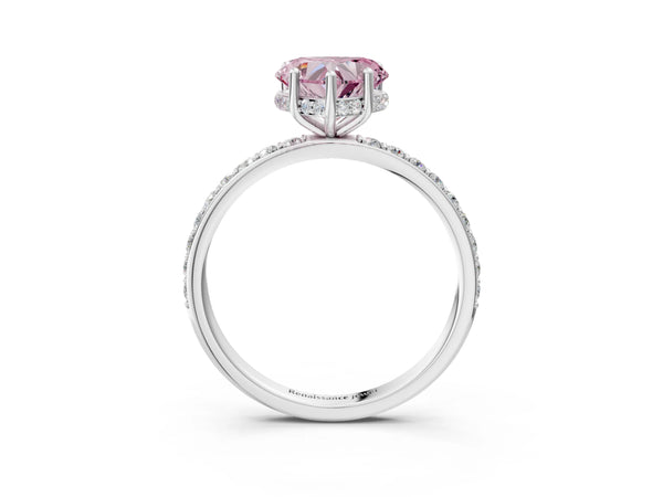 Platinum Fancy Pink Heart Cut Diamond Solitaire Ring with Pavé Band and Hidden Halo