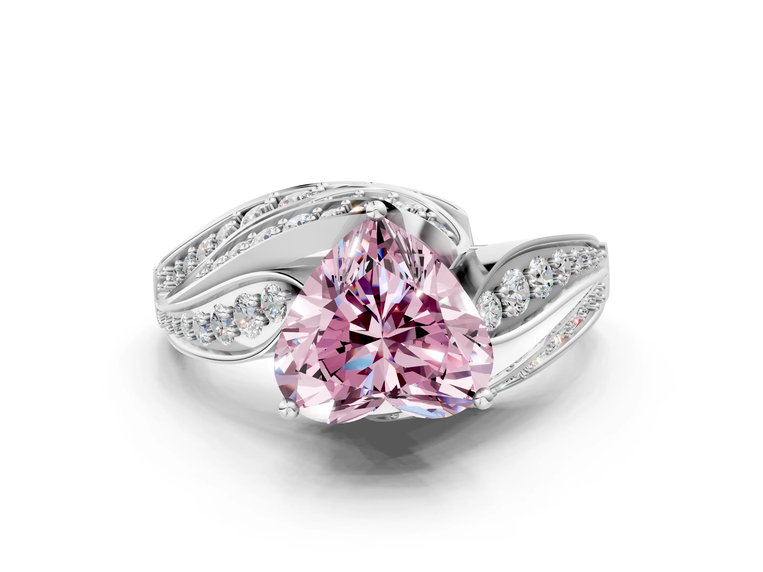 White gold Fancy Pink Heart Cut Diamond Solitaire Ring with Prong Setting and Twisted Pavé Band_24