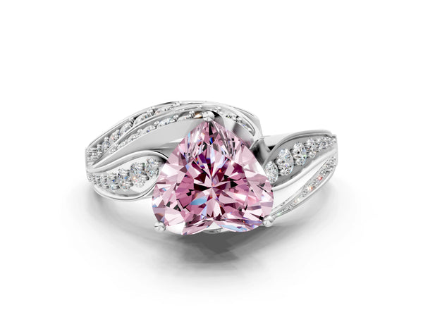 White gold Fancy Pink Heart Cut Diamond Solitaire Ring with Prong Setting and Twisted Pavé Band