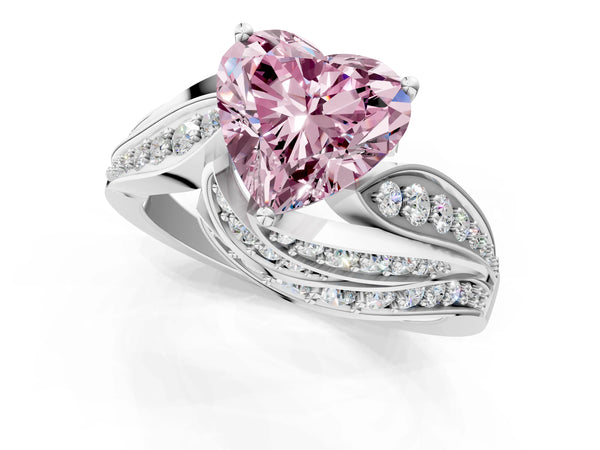 White gold Fancy Pink Heart Cut Diamond Solitaire Ring with Prong Setting and Twisted Pavé Band