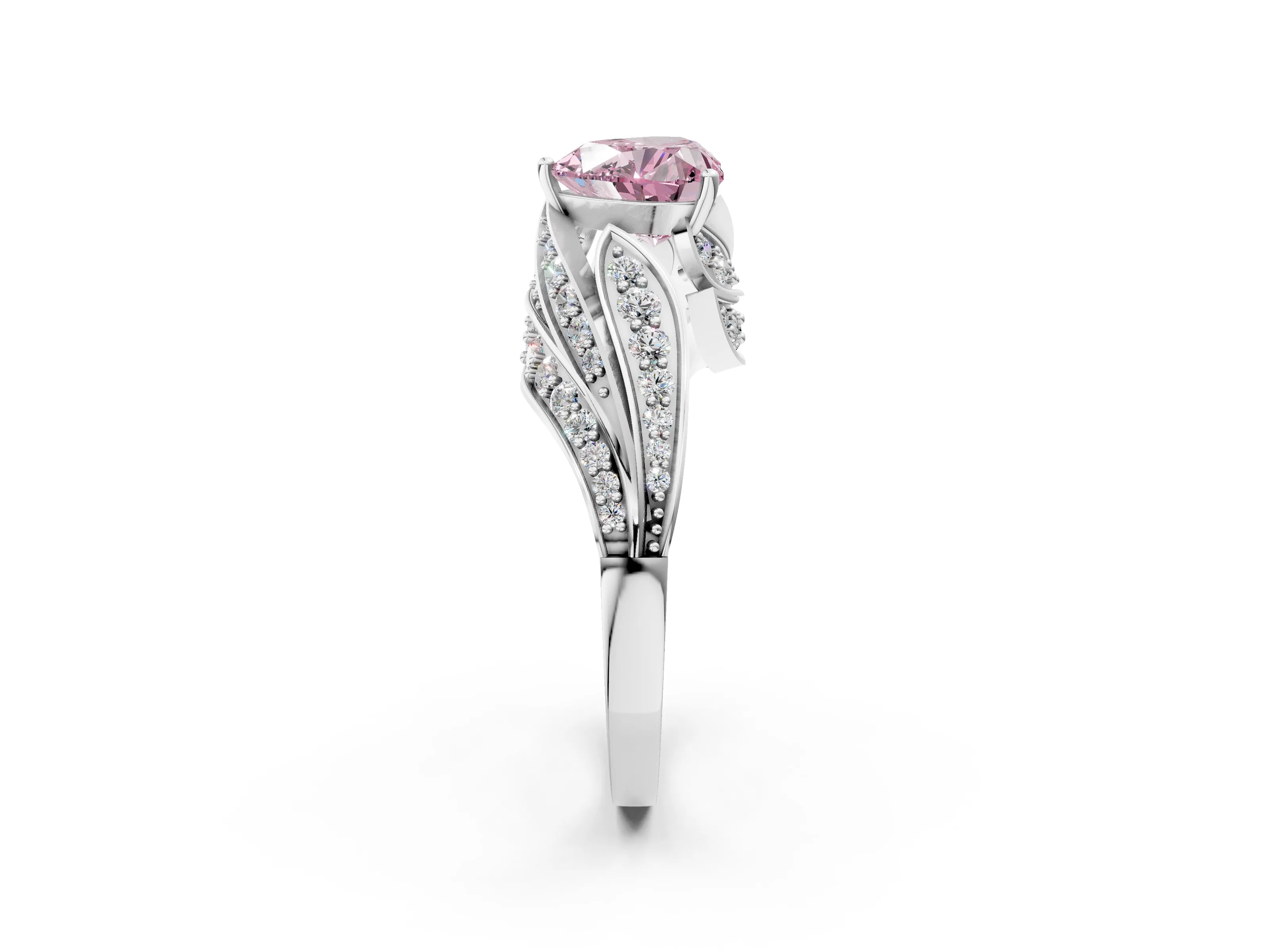 White gold Fancy Pink Heart Cut Diamond Solitaire Ring with Prong Setting and Twisted Pavé Band_26