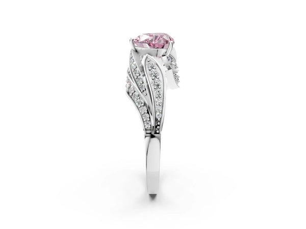 White gold Fancy Pink Heart Cut Diamond Solitaire Ring with Prong Setting and Twisted Pavé Band