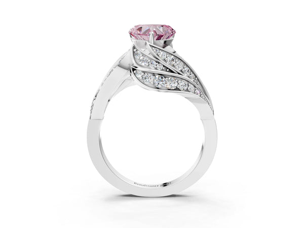White gold Fancy Pink Heart Cut Diamond Solitaire Ring with Prong Setting and Twisted Pavé Band
