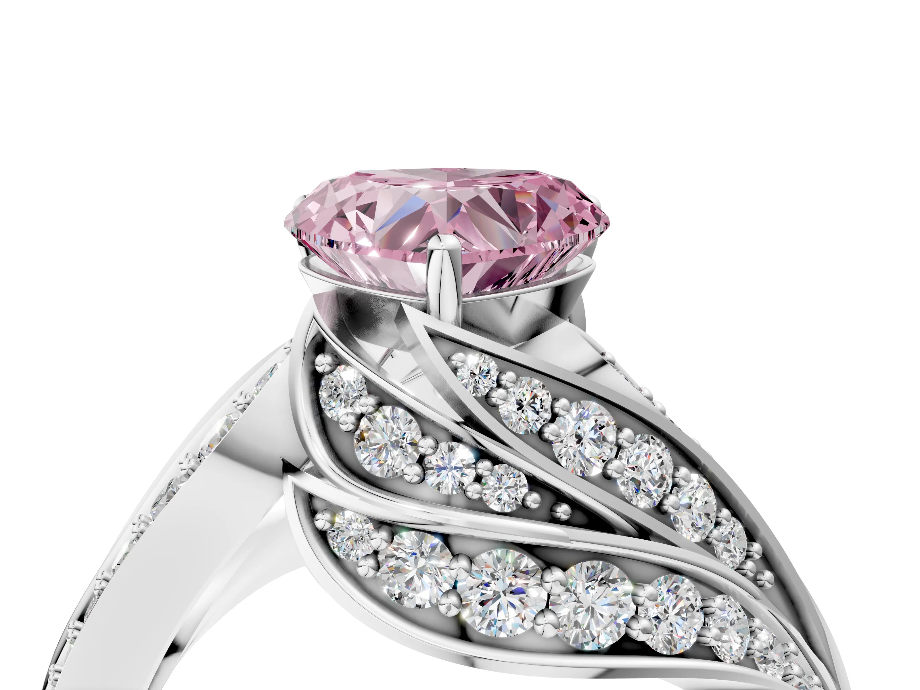 White gold Fancy Pink Heart Cut Diamond Solitaire Ring with Prong Setting and Twisted Pavé Band_28