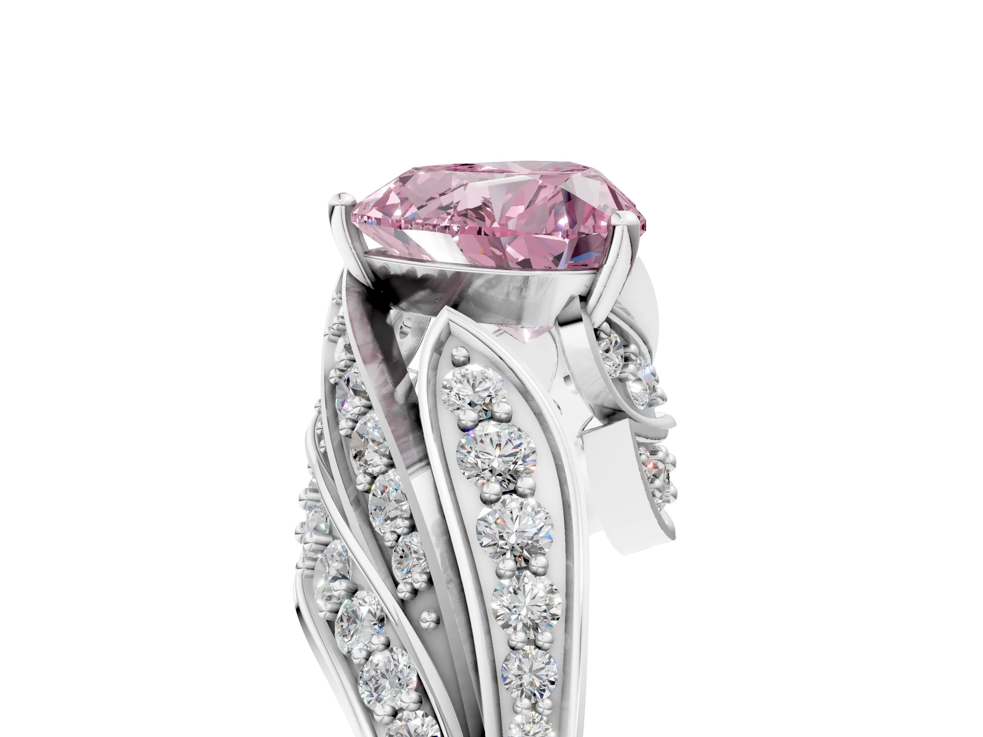 White gold Fancy Pink Heart Cut Diamond Solitaire Ring with Prong Setting and Twisted Pavé Band_29