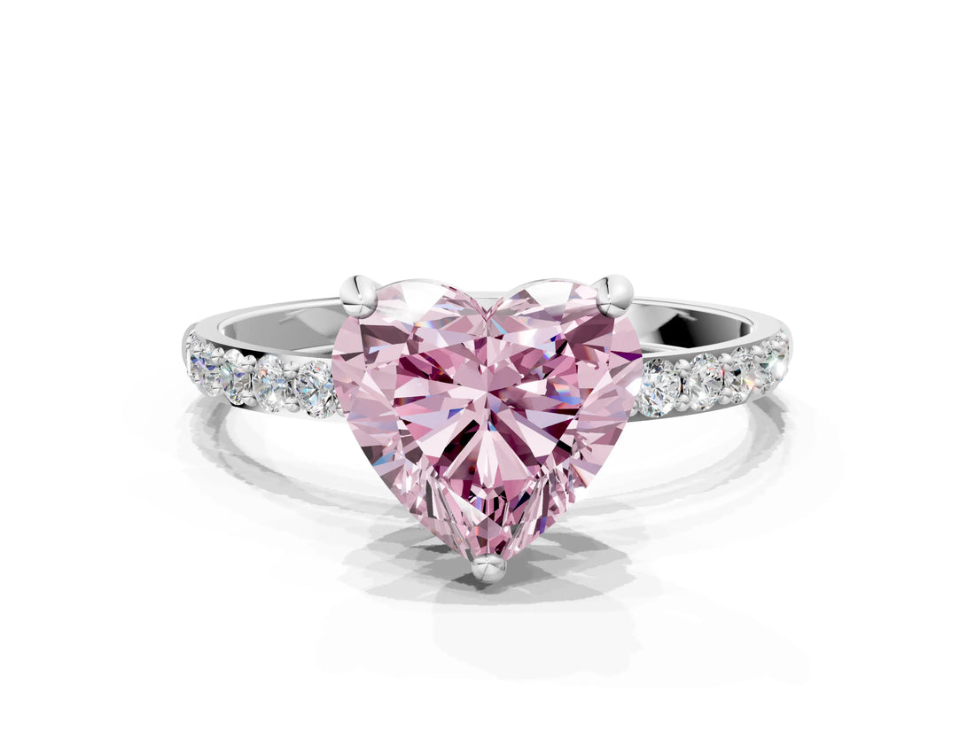 White gold Fancy Pink Heart Cut Diamond Solitaire Ring with Round  Pavé Band and Prong Setting_121