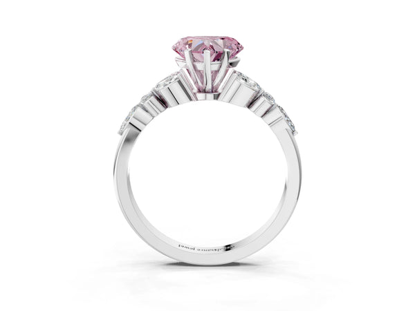 White gold Fancy Pink Heart Cut Diamond Solitaire Ring with Side Stones and Four-Prong Setting
