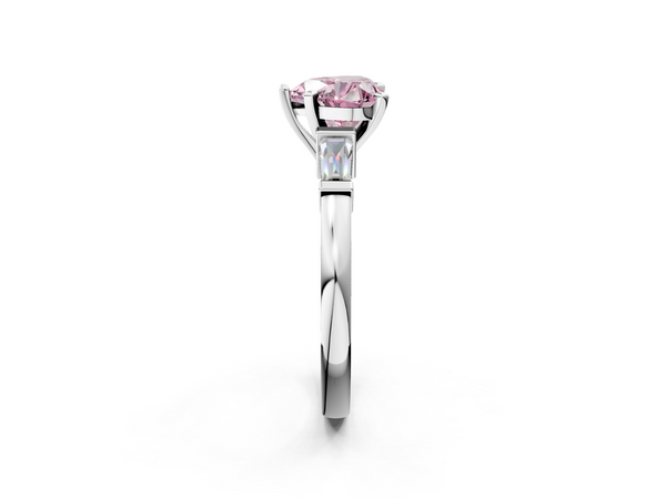 Platinum Fancy Pink Heart  Cut Diamond Solitaire Ring with Tapered Baguette Accents and Four-Prong Setting