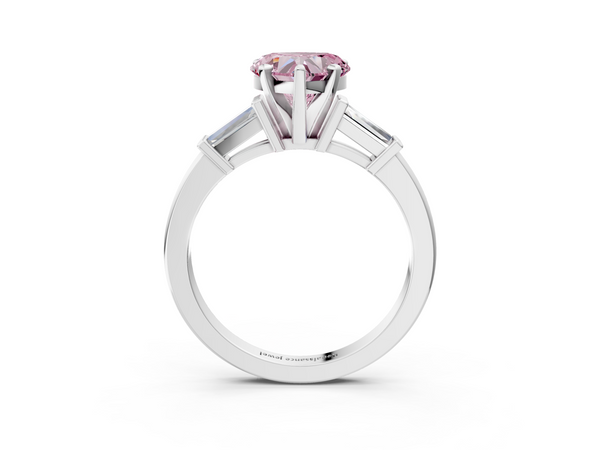 Platinum Fancy Pink Heart  Cut Diamond Solitaire Ring with Tapered Baguette Accents and Four-Prong Setting