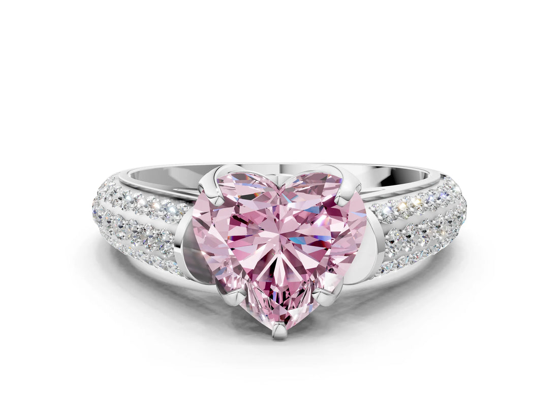White gold Fancy Pink Heart Cut Diamond Solitaire Ring with Three-Row Pavé Band and Four-Prong Setting_50