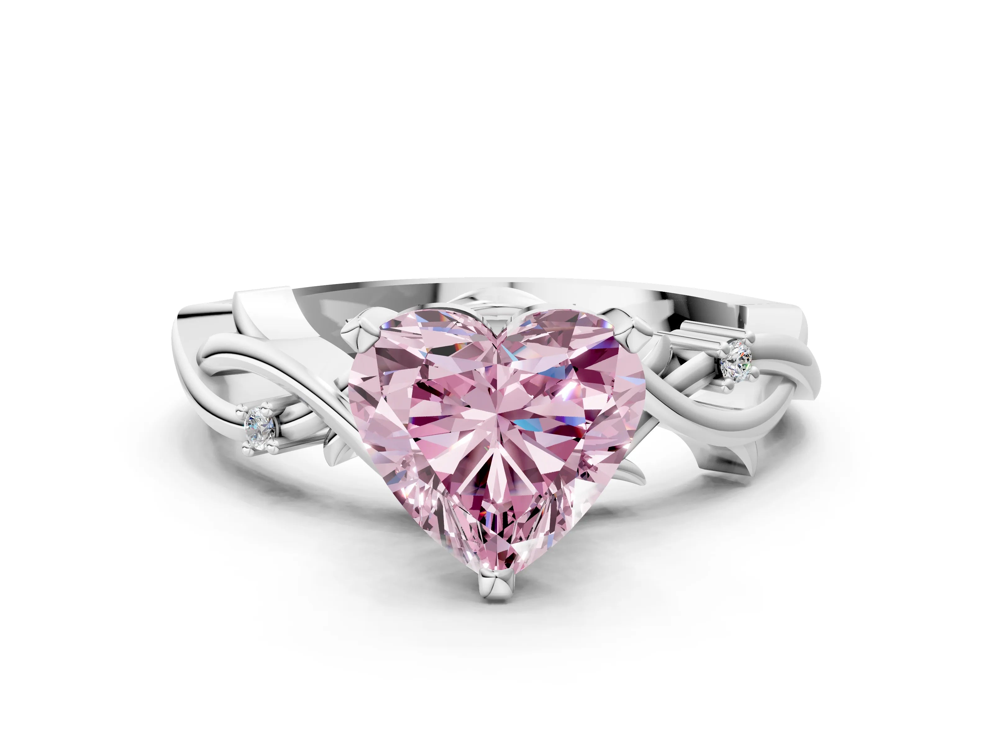 White gold Fancy Pink Heart Cut Diamond Solitaire Ring with Twisted Band and Prong Setting_335