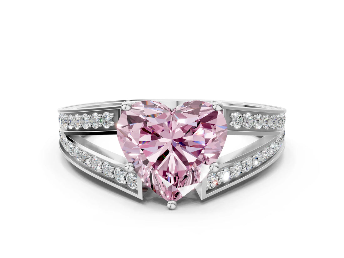 White gold Fancy Pink Heart Cut Diamond Split Shank Ring with Pavé Band and Four-Prong Setting_58