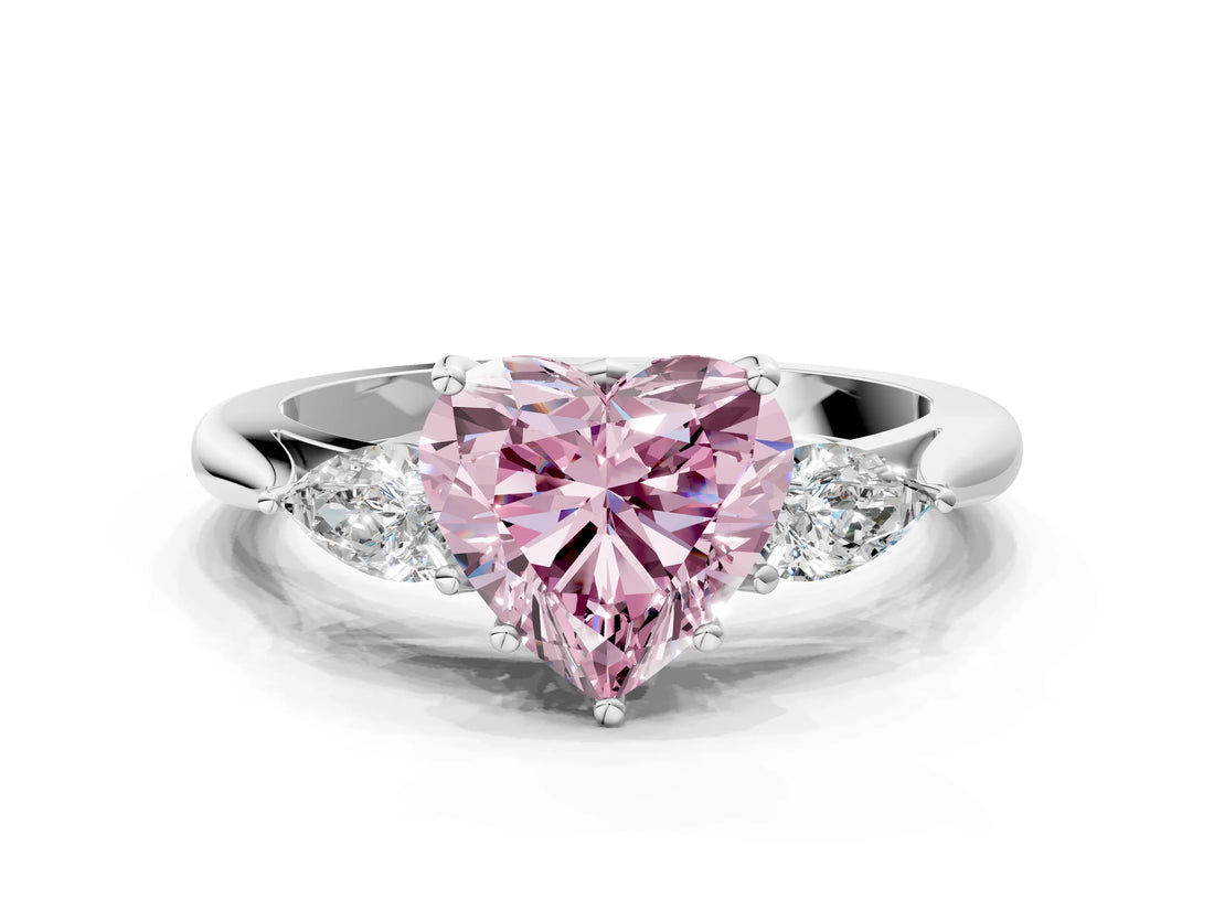 White gold Fancy Pink Heart Cut Diamond Three-Stone Ring with Pear  Side Stones and Prong Setting_113