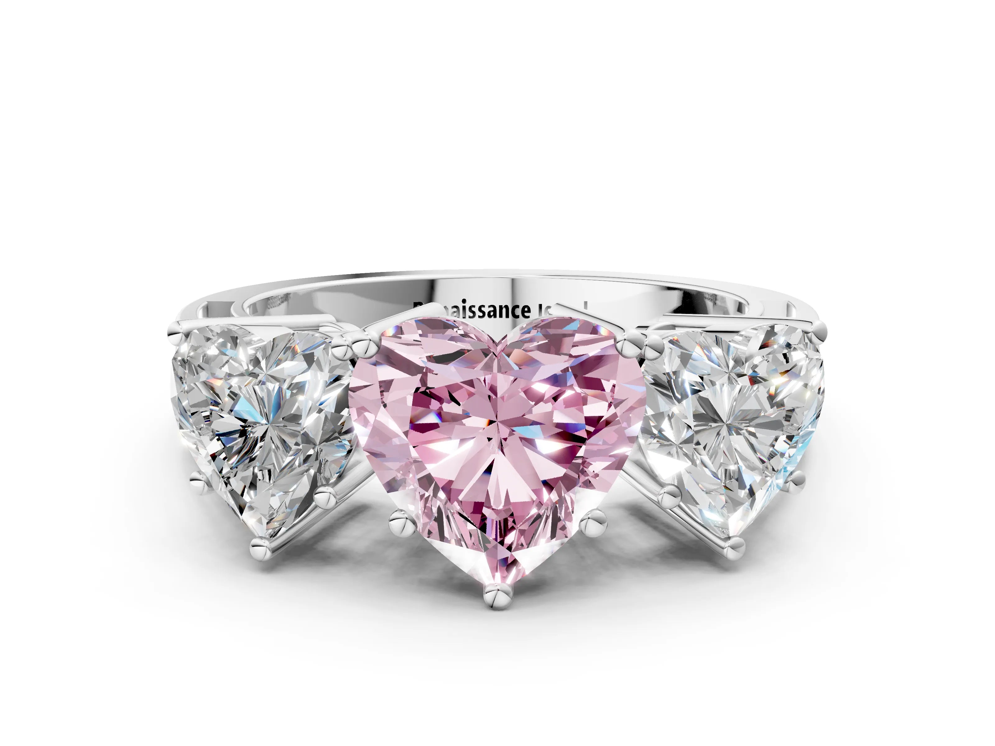 White gold Fancy Pink Heart Cut Diamond Three-Stone Ring with Prong Setting and Textured Band_12