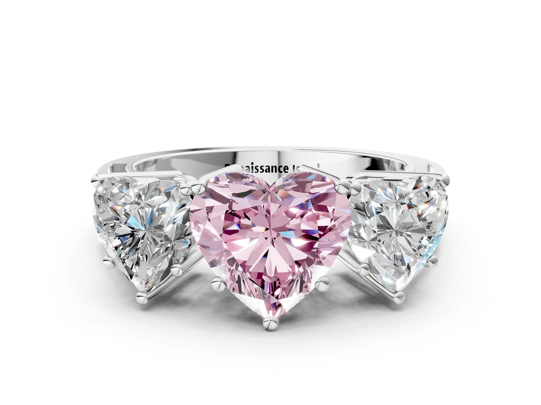 White gold Fancy Pink Heart Cut Diamond Three-Stone Ring with Prong Setting and Textured Band_12