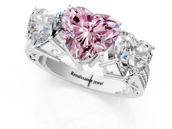 Platinum Fancy Pink Heart Cut Diamond Three-Stone Ring with Prong Setting and Textured Band