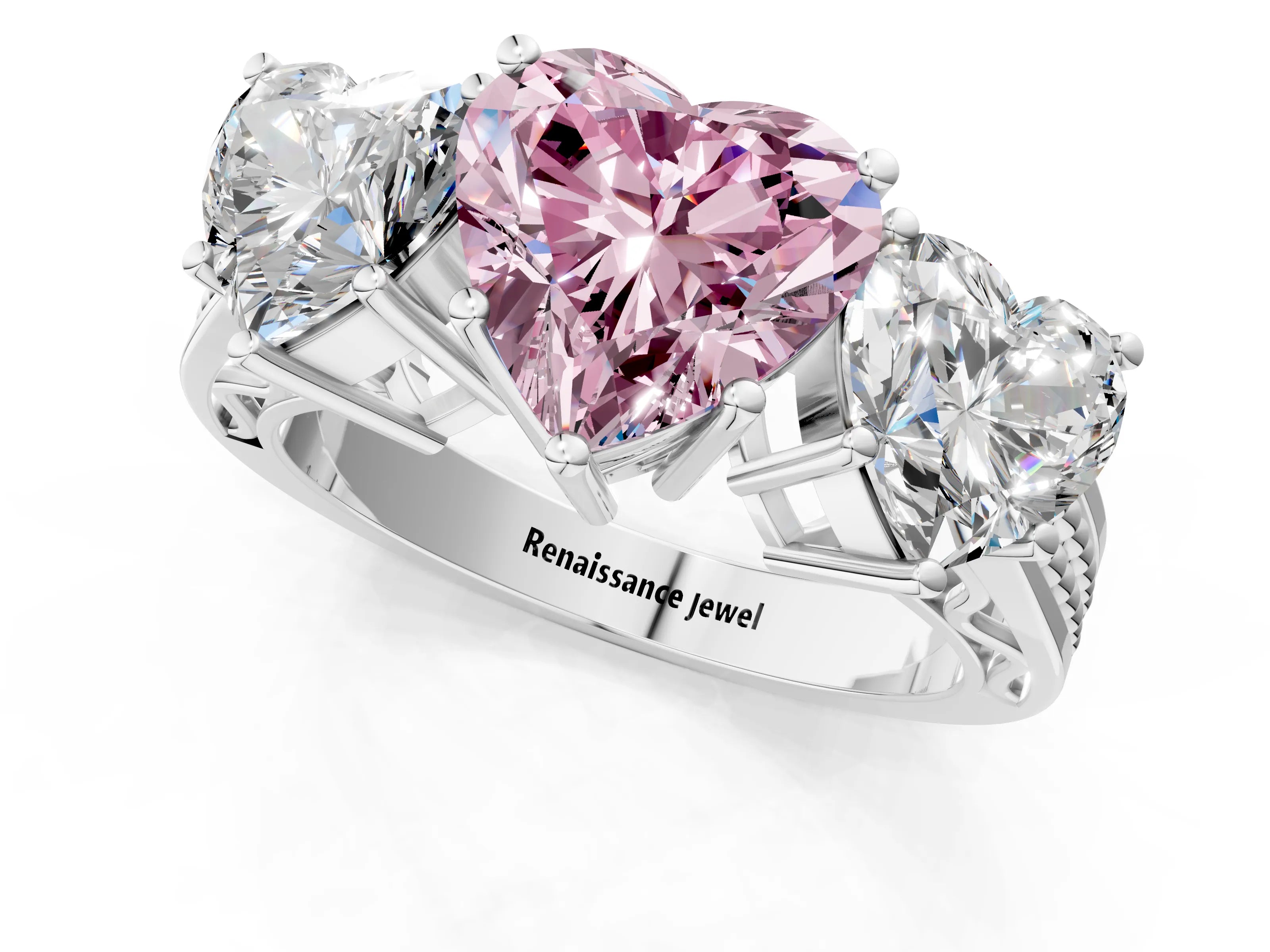 White gold Fancy Pink Heart Cut Diamond Three-Stone Ring with Prong Setting and Textured Band_13