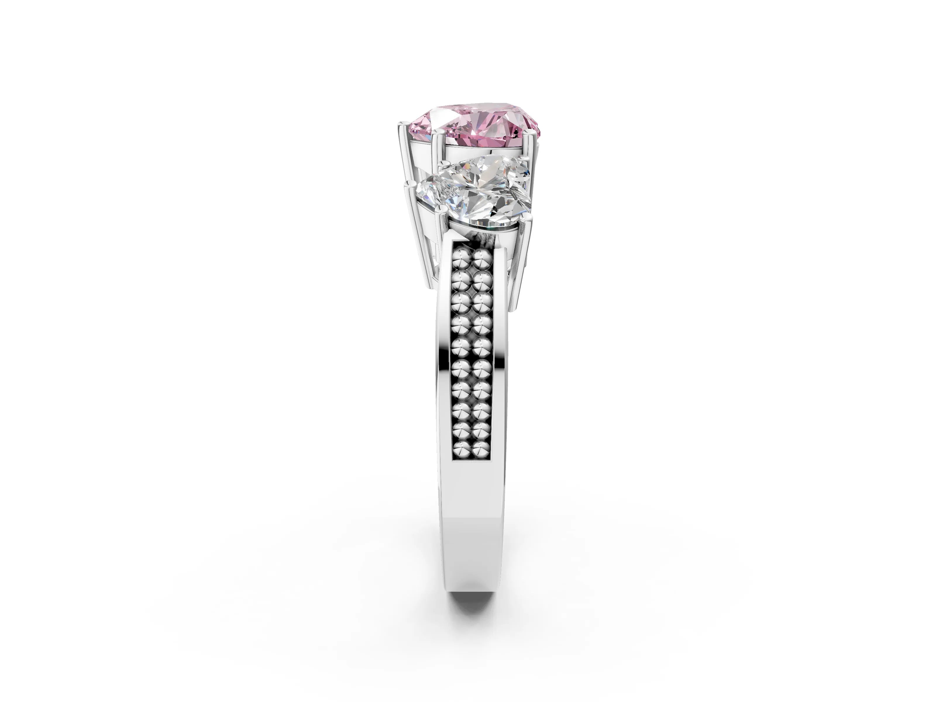 White gold Fancy Pink Heart Cut Diamond Three-Stone Ring with Prong Setting and Textured Band_14