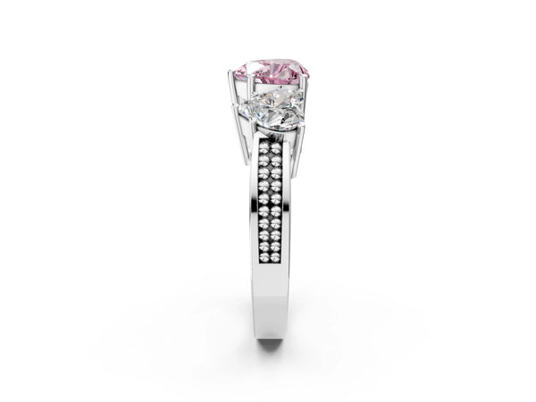 Platinum Fancy Pink Heart Cut Diamond Three-Stone Ring with Prong Setting and Textured Band