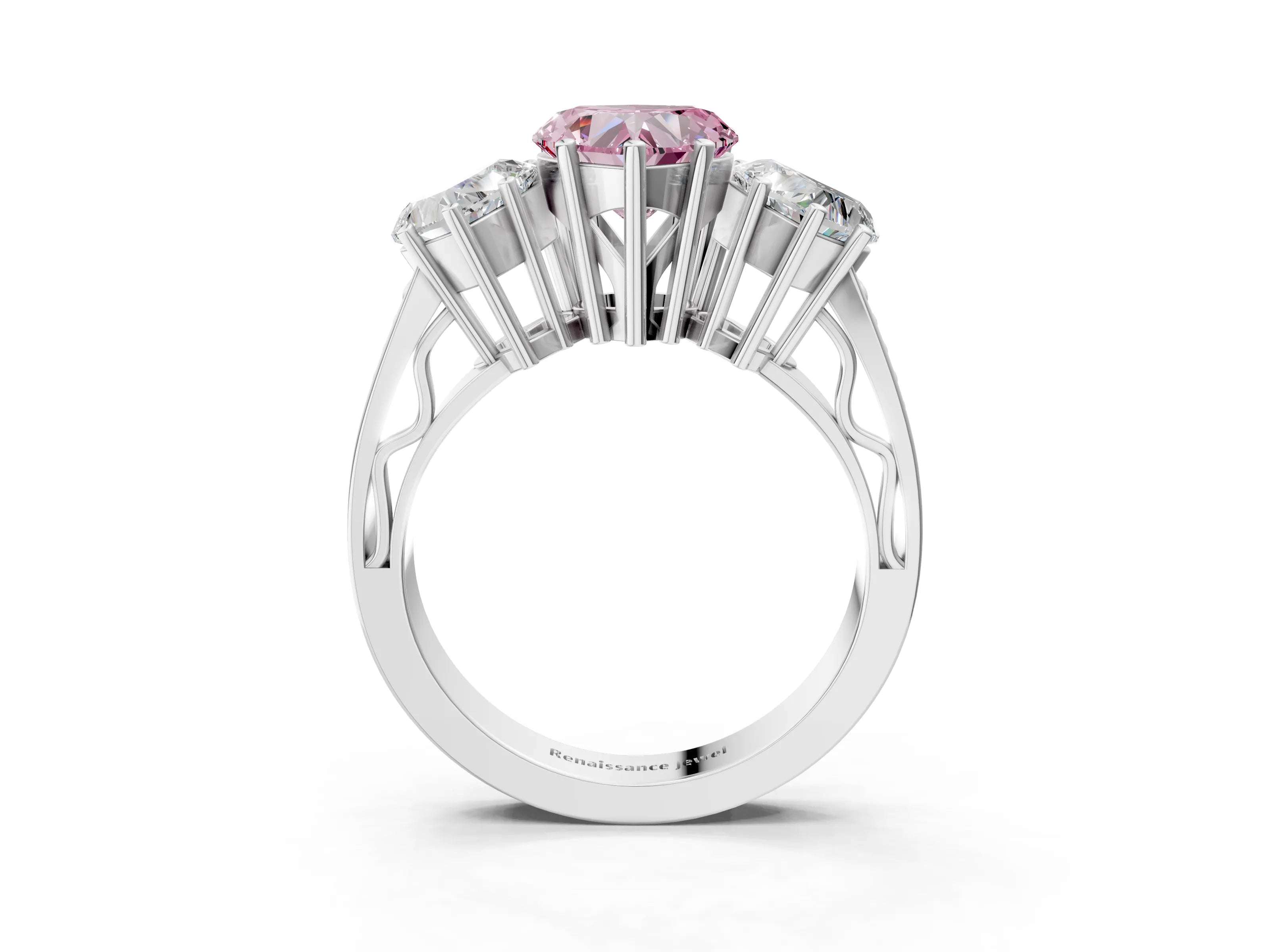 White gold Fancy Pink Heart Cut Diamond Three-Stone Ring with Prong Setting and Textured Band_15
