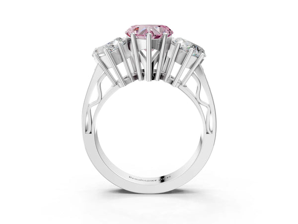 Platinum Fancy Pink Heart Cut Diamond Three-Stone Ring with Prong Setting and Textured Band