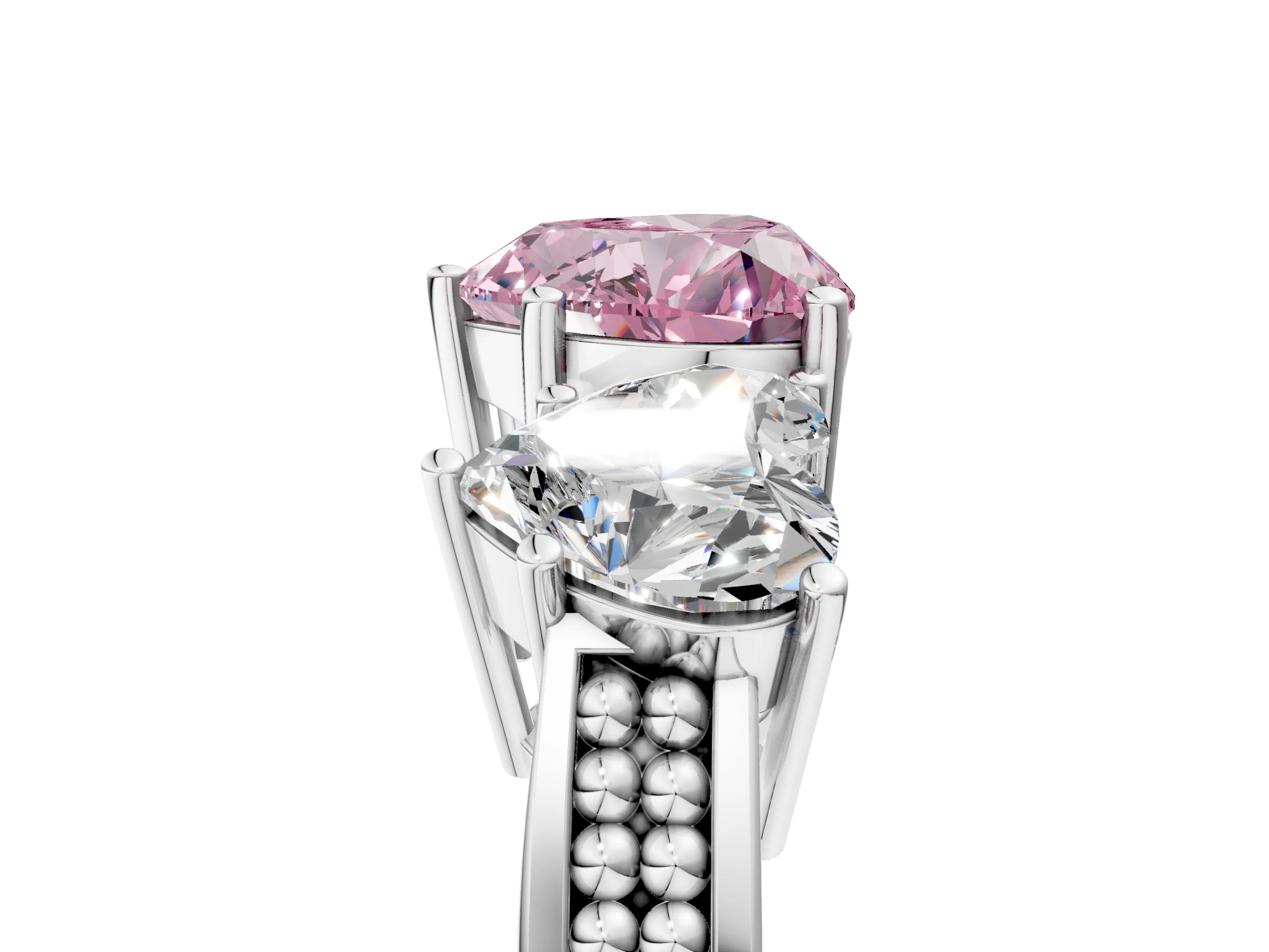 White gold Fancy Pink Heart Cut Diamond Three-Stone Ring with Prong Setting and Textured Band_17