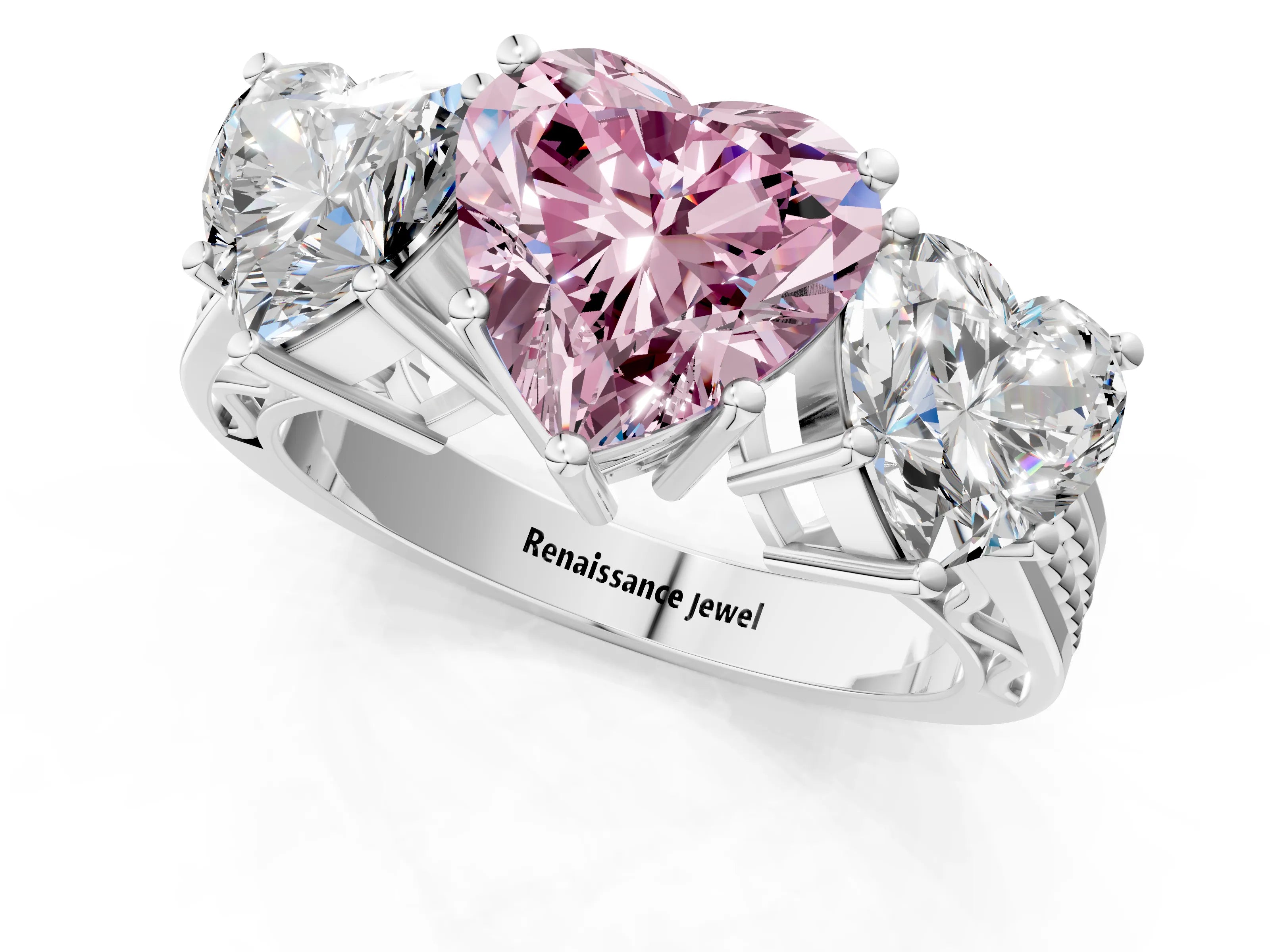 White gold Fancy Pink Heart Cut Diamond Three-Stone Ring with Prong Setting and Textured Band_1