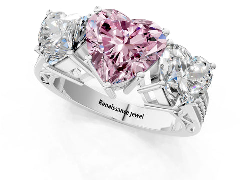 White gold Fancy Pink Heart Cut Diamond Three-Stone Ring with Prong Setting and Textured Band_1