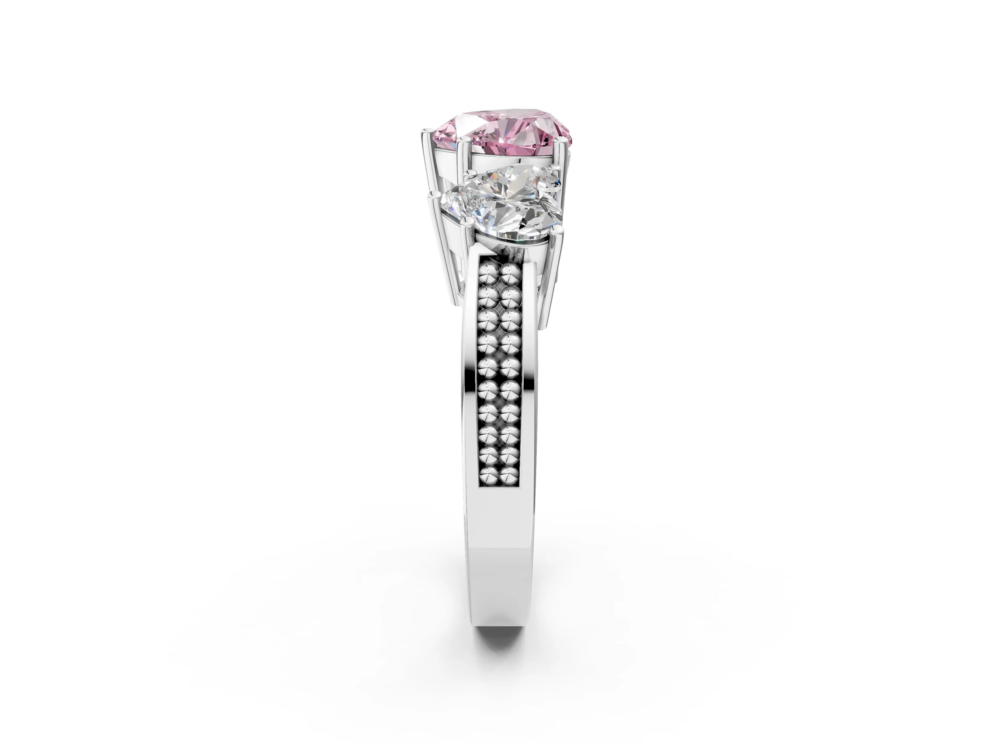 White gold Fancy Pink Heart Cut Diamond Three-Stone Ring with Prong Setting and Textured Band_2