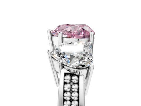 White gold Fancy Pink Heart Cut Diamond Three-Stone Ring with Prong Setting and Textured Band_5