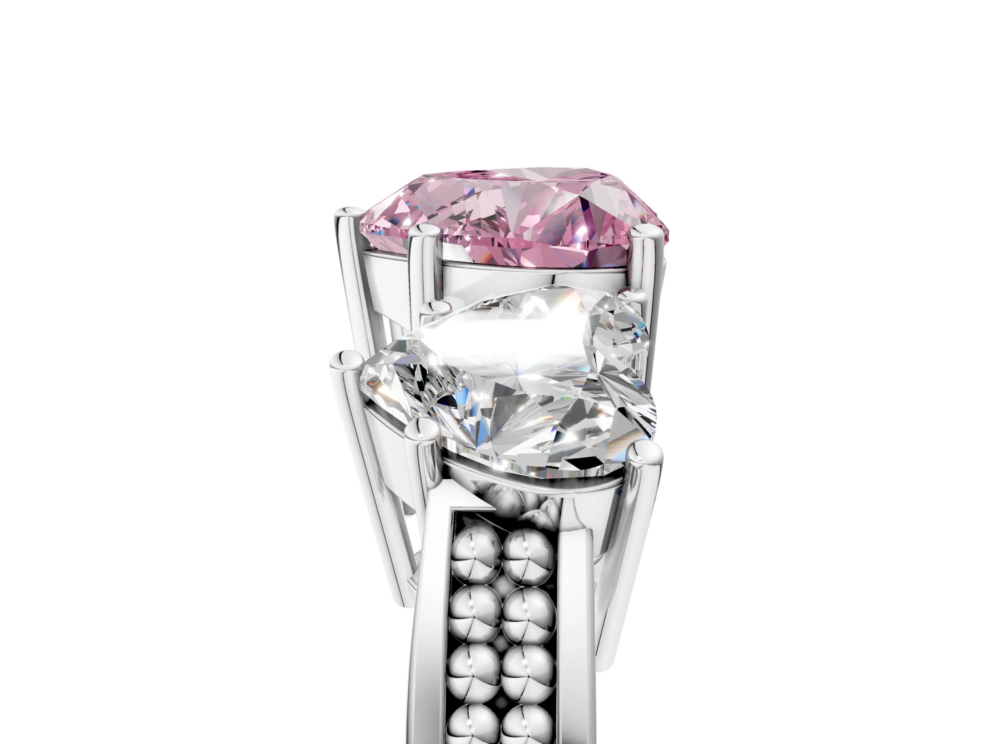 White gold Fancy Pink Heart Cut Diamond Three-Stone Ring with Prong Setting and Textured Band_5