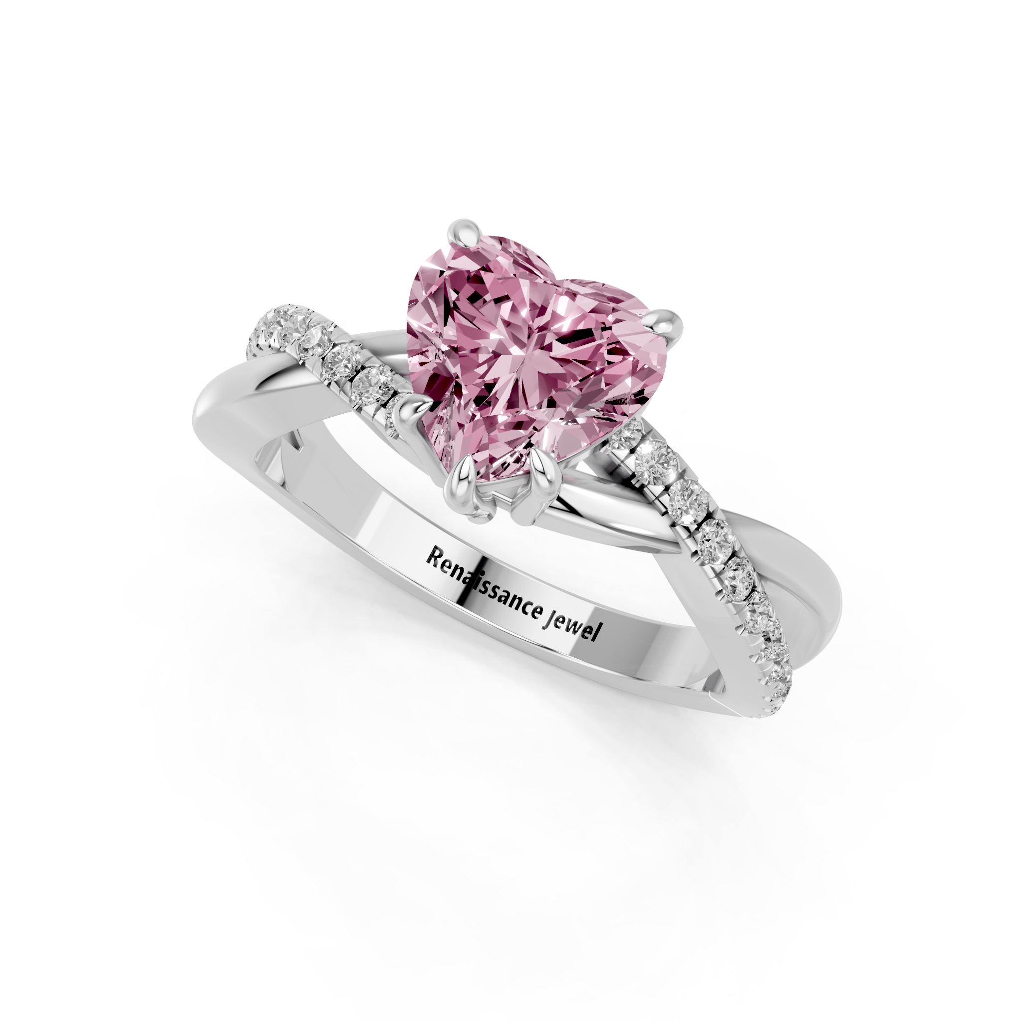 White gold Fancy Pink Heart  Cut Diamond Twist Band Solitaire with Prong Setting_3