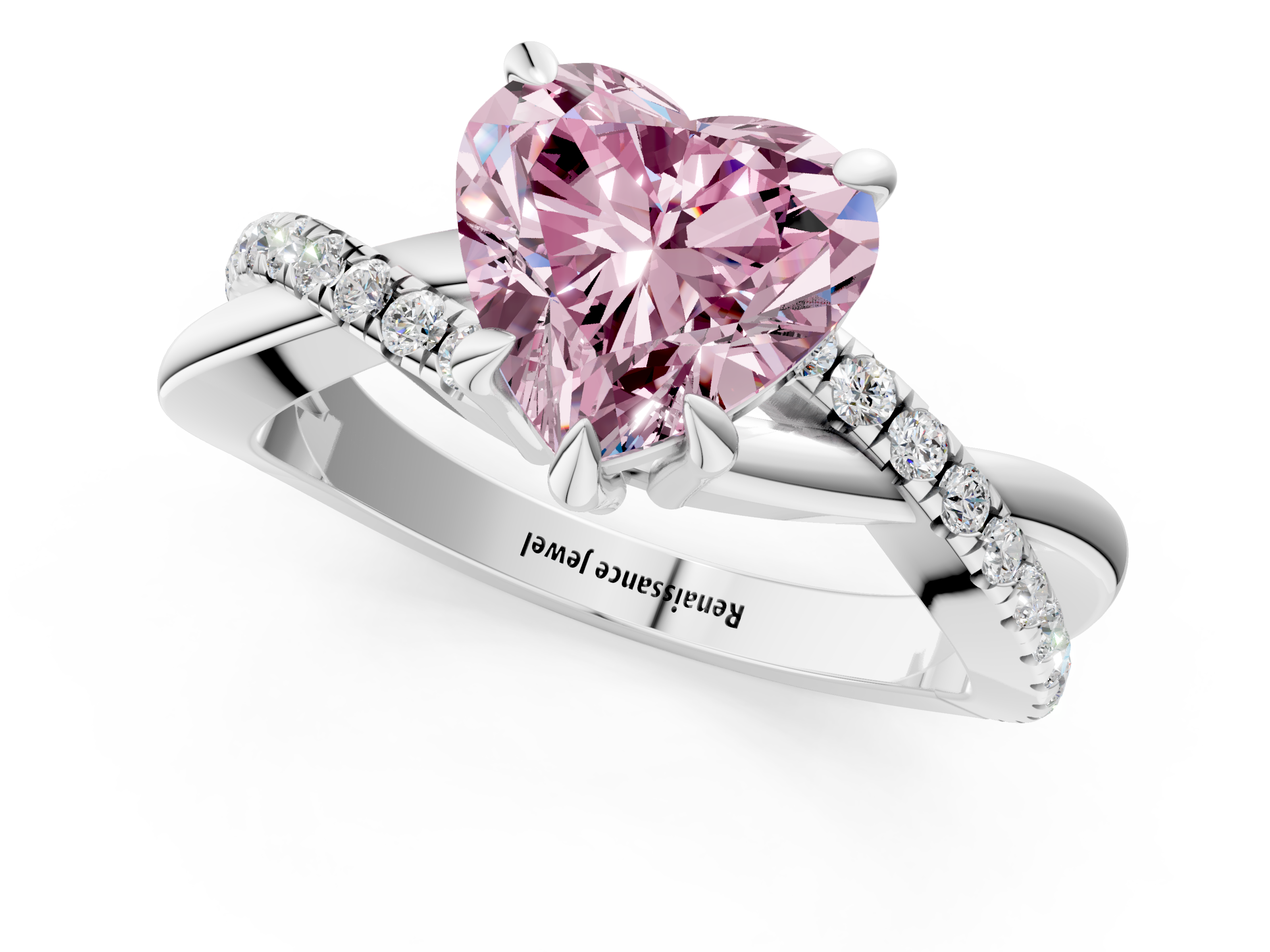 White gold Fancy Pink Heart  Cut Diamond Twist Band Solitaire with Prong Setting_42