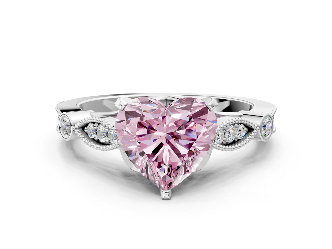White gold Fancy Pink Heart  Cut Diamond with Milgrain Marquise and Bezel Accents on a Solitaire Band with Prong Setting_208