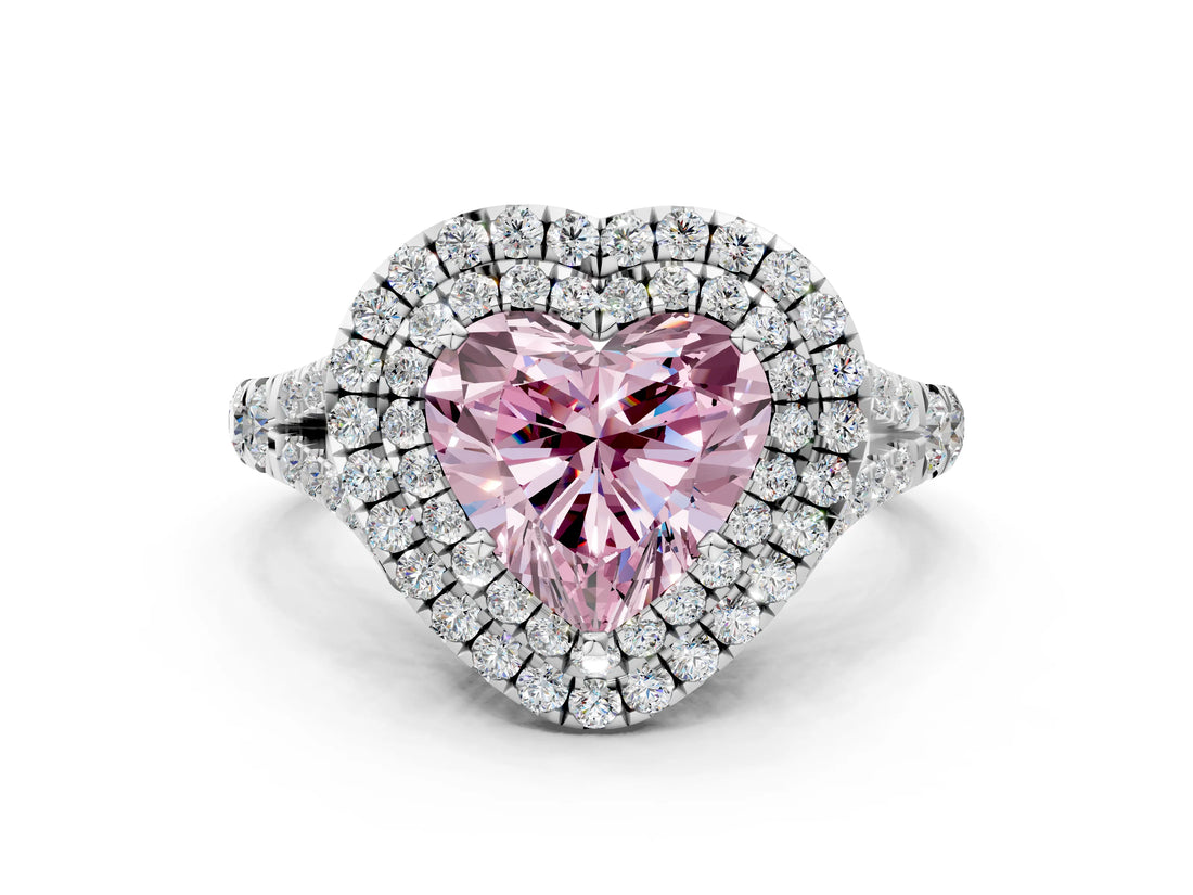 White gold Fancy Pink Heart  Cut Double Halo Split Shank Diamond Ring with Prong Setting_49