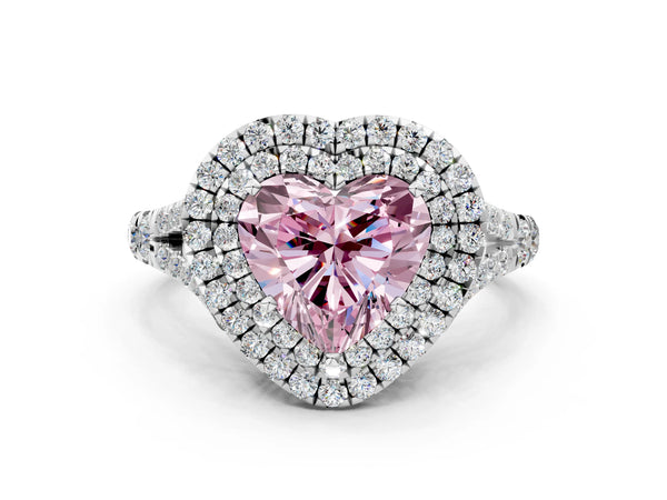 White gold Fancy Pink Heart  Cut Double Halo Split Shank Diamond Ring with Prong Setting
